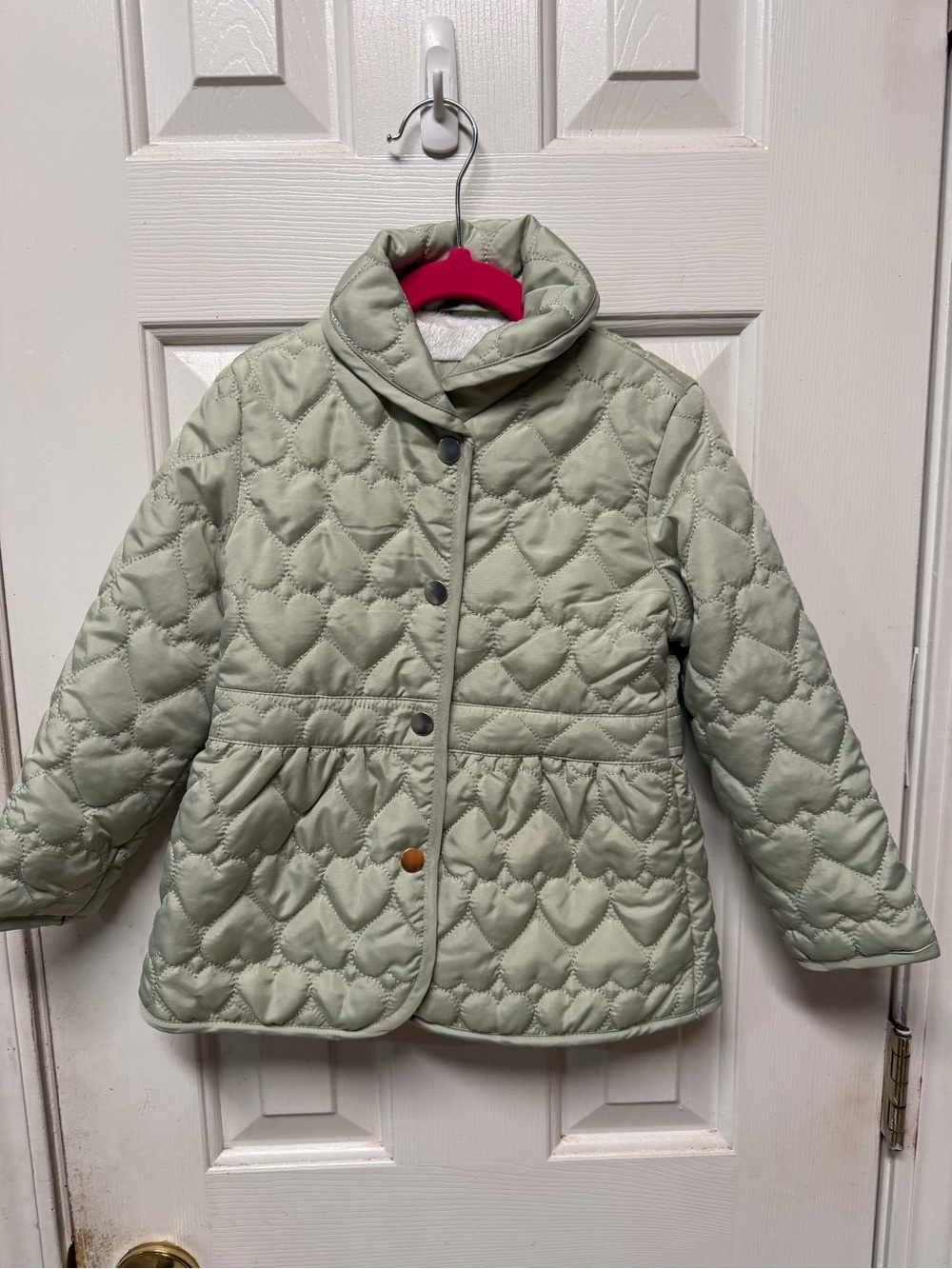 Girls Quilted Heart Puffer Jacket in Light Sage 4T